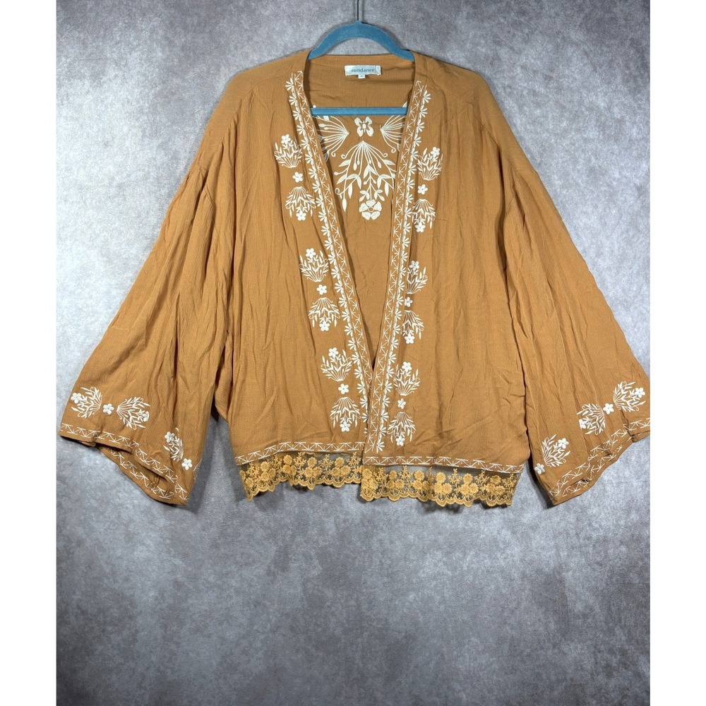 Sundance Cardigan Medium Orange Embroidered Boho Lace Trim Floral Rayon Open